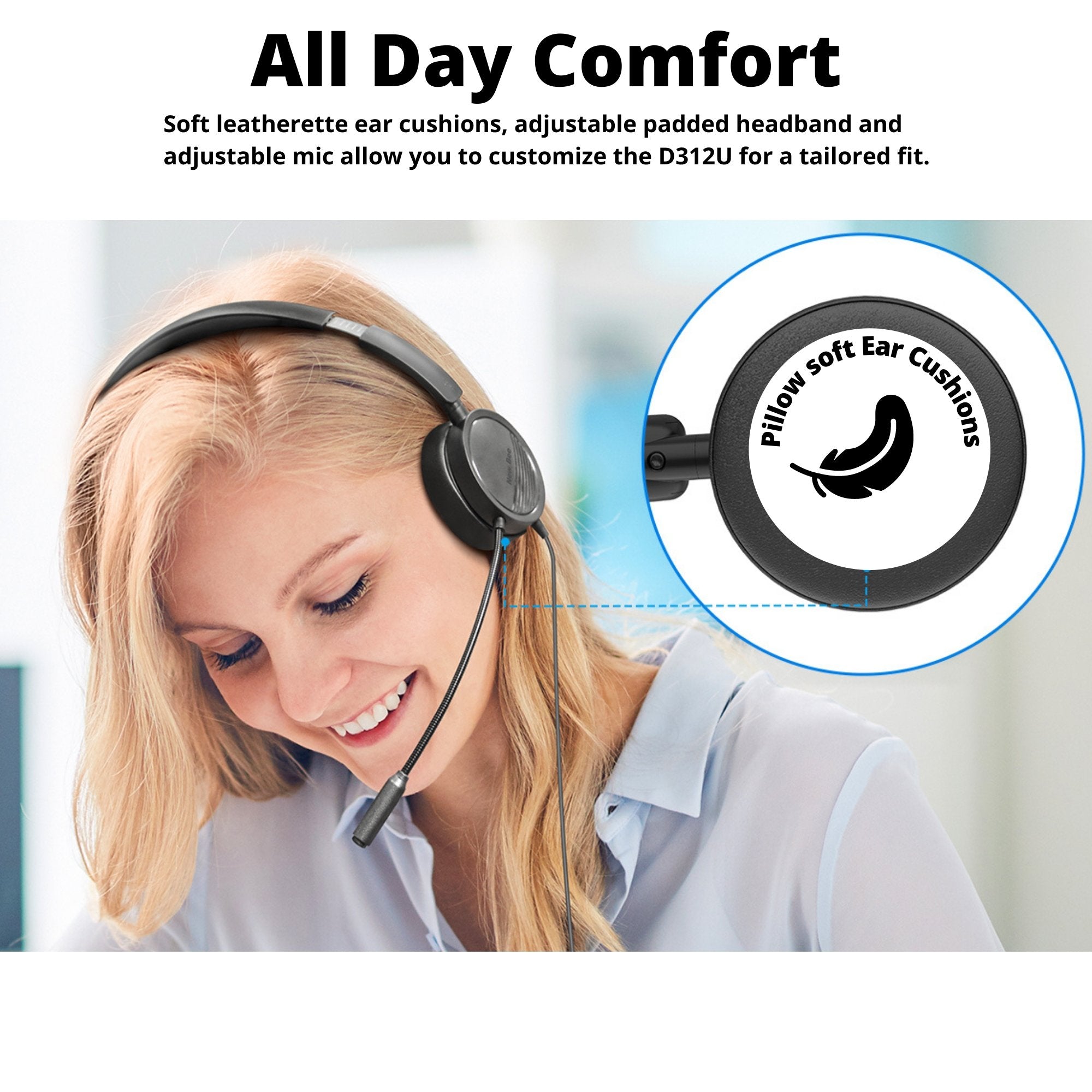 model wearing discover d312u noise canceling headset