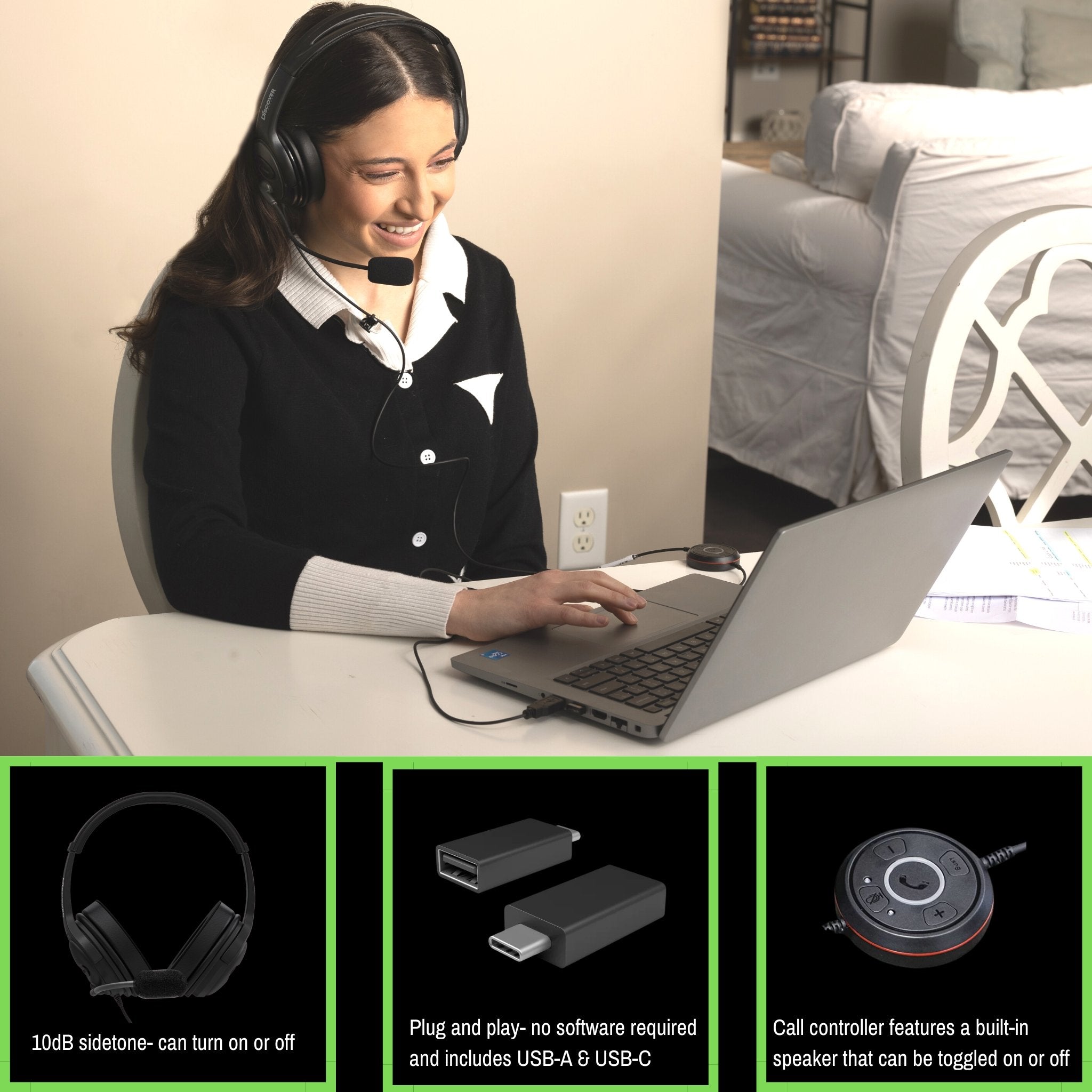 Discover D722U Over-Ear Noise Cancelling USB Wired Headset For Computer (Boomstick) - Cratzesl